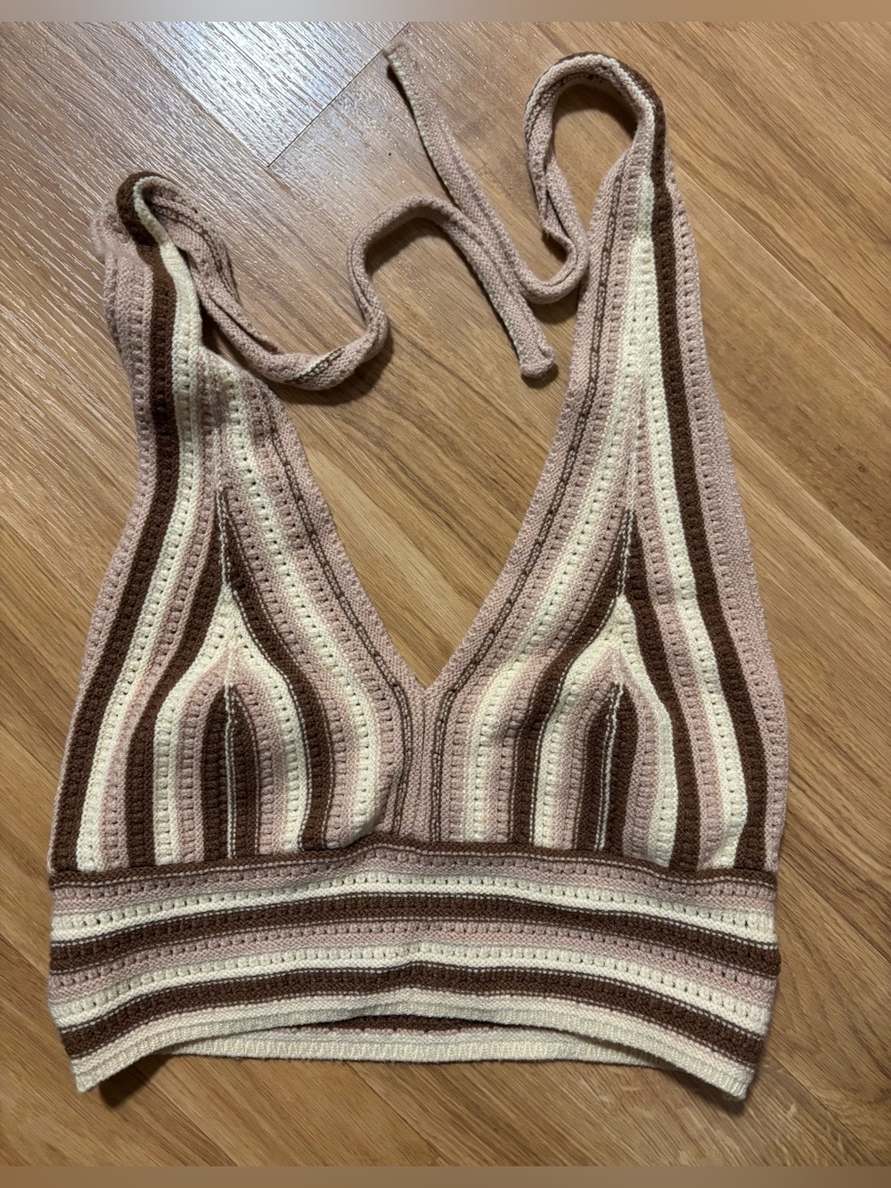 SHEIN Striped Crochet Halter Bandeau in Brown & Cream Large